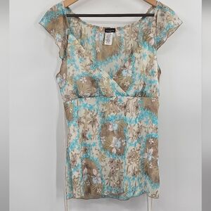 Y2K Whimsy Floral Blouse Aqua Beige Size 3XL
